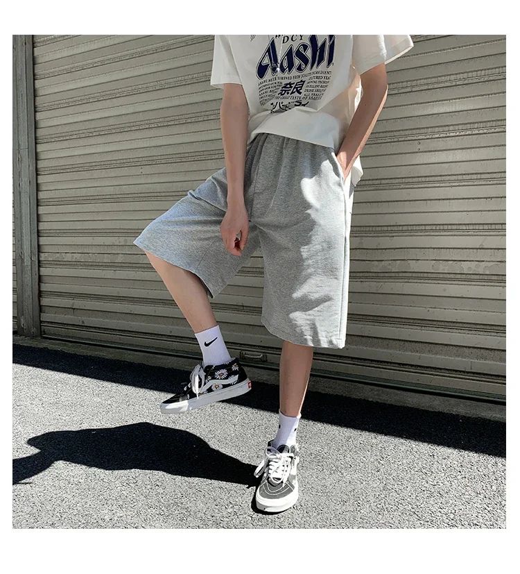 Summer New Y2K Solid Color Cotton Loose Men's Sports Pants Shorts Street Wear Simple Drawstring Straight Casual Shorts Male
