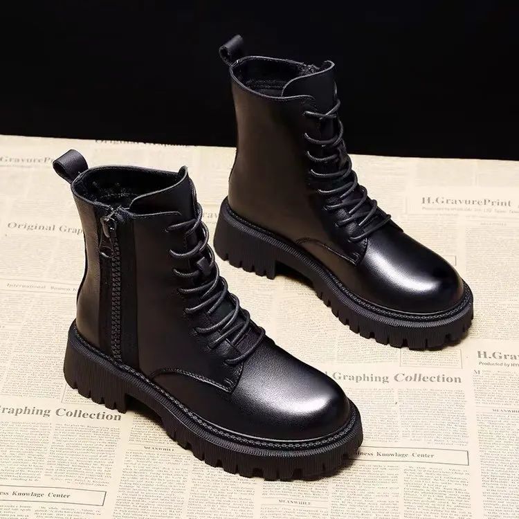 Autumn new mid length Boots Black anti slip trendy Footwear  Fashion laceup boots Ladies thick heeled casual shoes Botas Zapatos