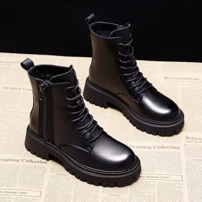 Autumn new mid length Boots Black anti slip trendy Footwear  Fashion laceup boots Ladies thick heeled casual shoes Botas Zapatos