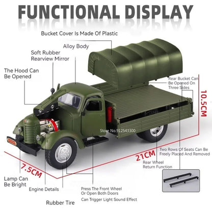 1:24 CA10 Vintage Truck Armored Car Model Toy Alloy Diecast Military Carrier Transport Vehicles Models Sound Light Kids Gifts