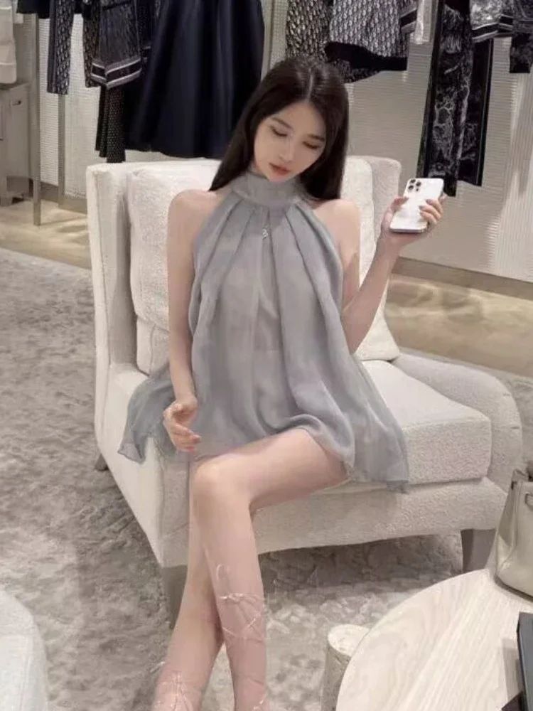 Blouses Women Sleeveless Solid Temperament Loose Tender Summer Casual Folds Design Thin Stand Collar Fashion Streetwear Ulzzang