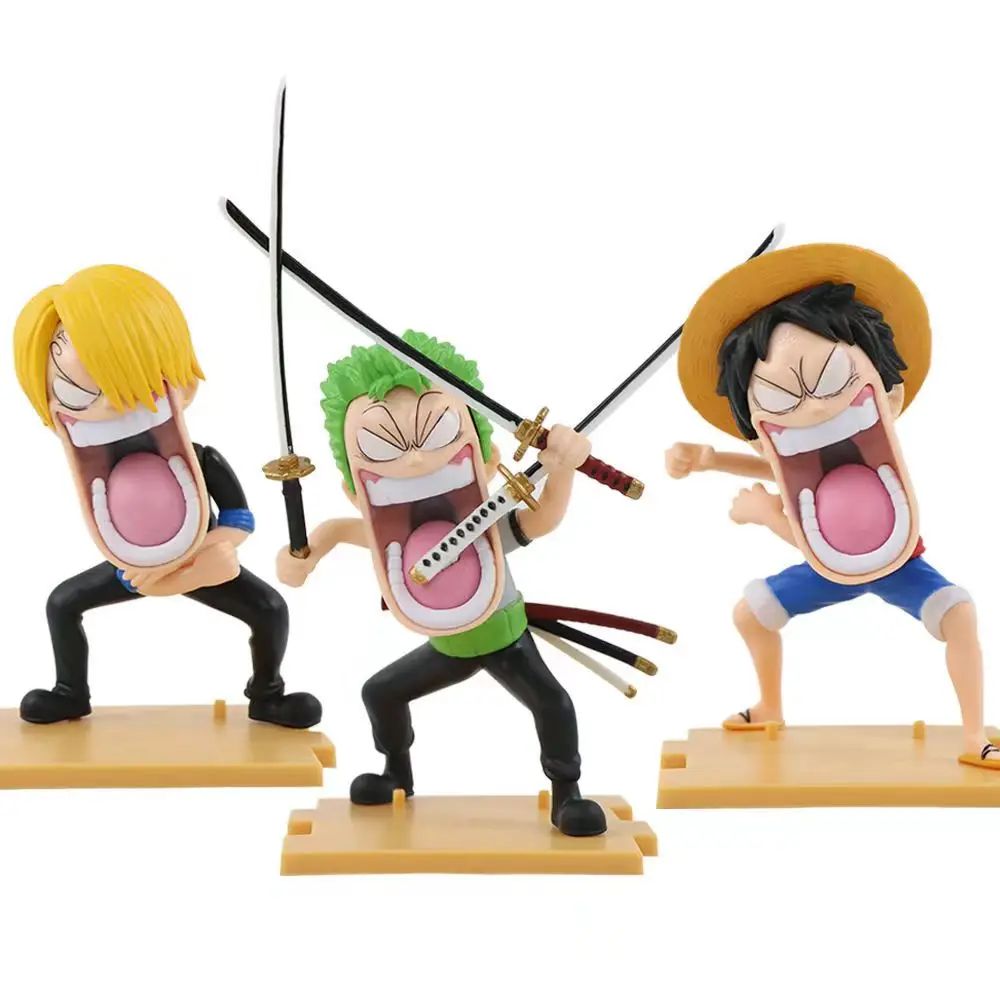 Conjunto de 3 peças One Piece Hungry Trio, Capitão Sanji, Monkey D. Luffy, Roronoa Zoro, modelo de action figure divertido de anime, brinquedo colecionável