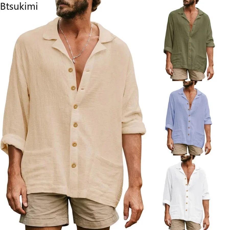2025 Men's Casual Lapel Long Sleeve Shirts Tops Solid Loose Oversized T Shirt Men Cotton Linen Shirt Fashion Hawaiian Shirt Male