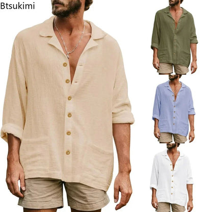 2025 Men's Casual Lapel Long Sleeve Shirts Tops Solid Loose Oversized T Shirt Men Cotton Linen Shirt Fashion Hawaiian Shirt Male