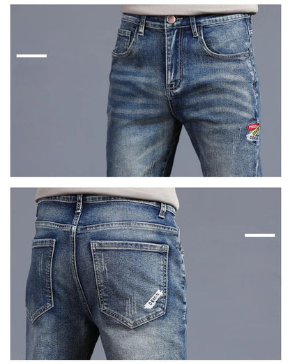 Novas Calças Jeans Masculinas Vintage Coreanas da Moda Slim com Pés Pequenos Bordados Calças Elásticas Masculinas de Sarja Streetwear