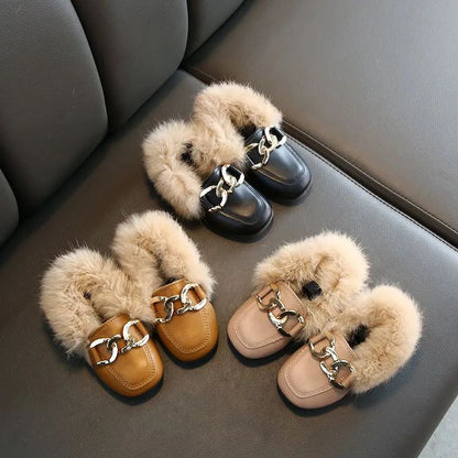 Kids Fur Shoes Children Velvet Shoes Baby Girls Warm Flats Toddler Black Brand Shoes Princess Loafer Chain Moccasin For Winter
