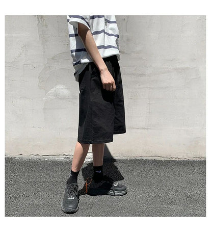 Summer New Y2K Solid Color Cotton Loose Men's Sports Pants Shorts Street Wear Simple Drawstring Straight Casual Shorts Male