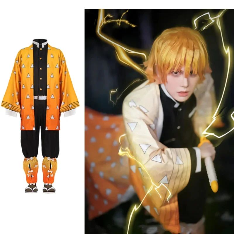 Anime Demon Moordenaar Kimetsu No Yaiba Agatsuma Zenitsu Cosplay  tuum Pruik Vrouwen Kimono Uniform Halloween Kerstfeest Kleding