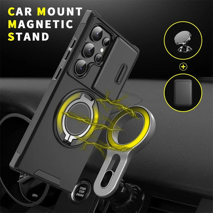 Capa Armor com Suporte Magnético para Samsung S25 S24 S22 S21 S23 S20 Ultra Plus FE com Proteção de Câmera Deslizante e Antichoque