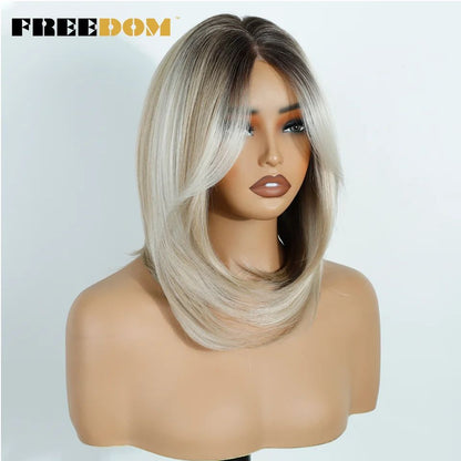 FREEDOM Perucas Sintéticas Front Lace para Mulheres 13x4 Pré-arrancadas Prontas Para Usar Peruca Curta Bob Com Franja Pré-cortada Ombre Blonde Lace Wigs