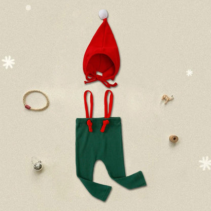 2025 Christmas Baby Suspender Pants with Hat Infant Knit Trousers Outfits Cute Toddler Newborn Casual Leggings Costumes