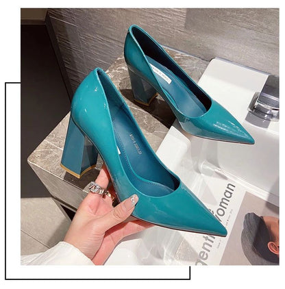 Women Shoes Patent Leather Slip-On Chunky Heels High Heels Women Temperament Pointed Toe Shallow Sexy Wedding Shoes Pumps