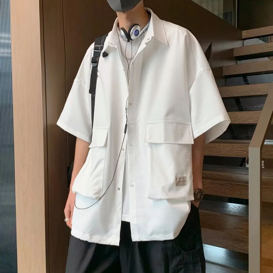 Men's Retro Large Pocket Cargo Shirt Jacket Coat Summer Loose Casual Short Sleeved Shirt For Men Y2k Japan Korea Streetwear