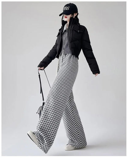 High Waist Wide Leg Pants Women's Autumn Winter New Style Lazy Casual Fleece Woolen Plaid Trousers Fashionable Comfortable