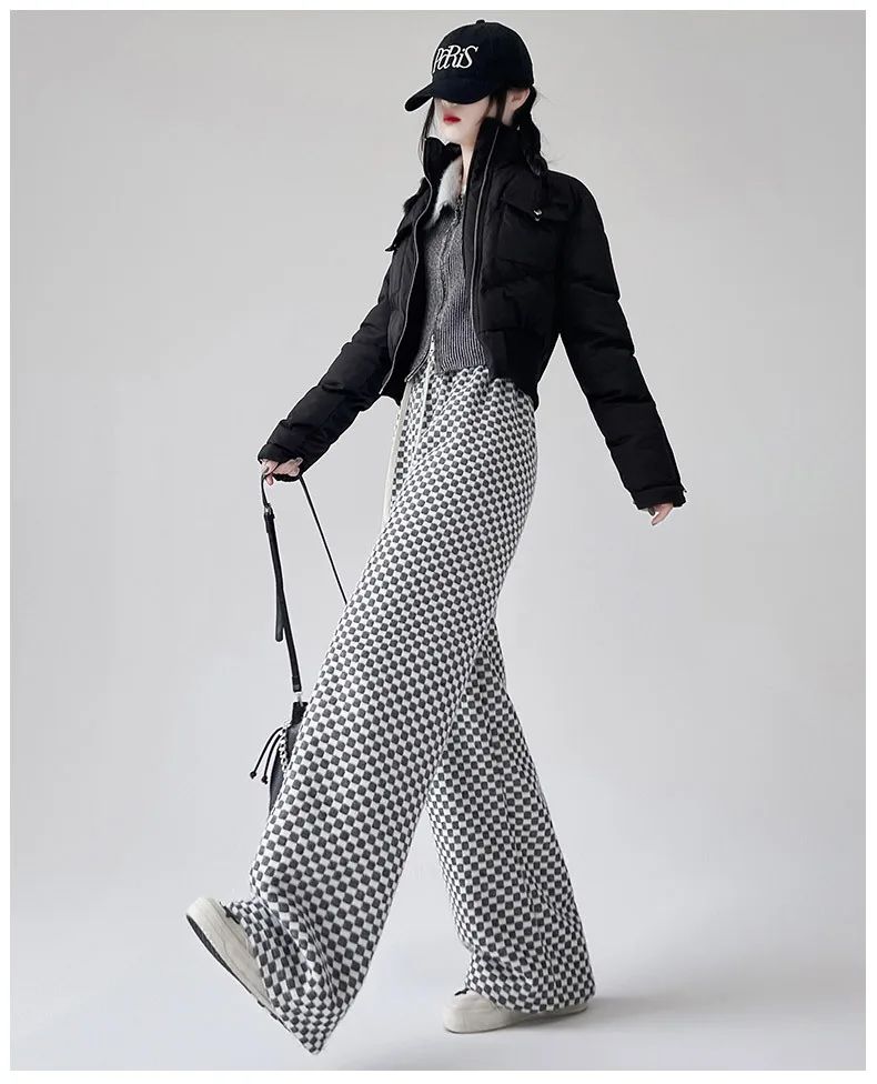 High Waist Wide Leg Pants Women's Autumn Winter New Style Lazy Casual Fleece Woolen Plaid Trousers Fashionable Comfortable