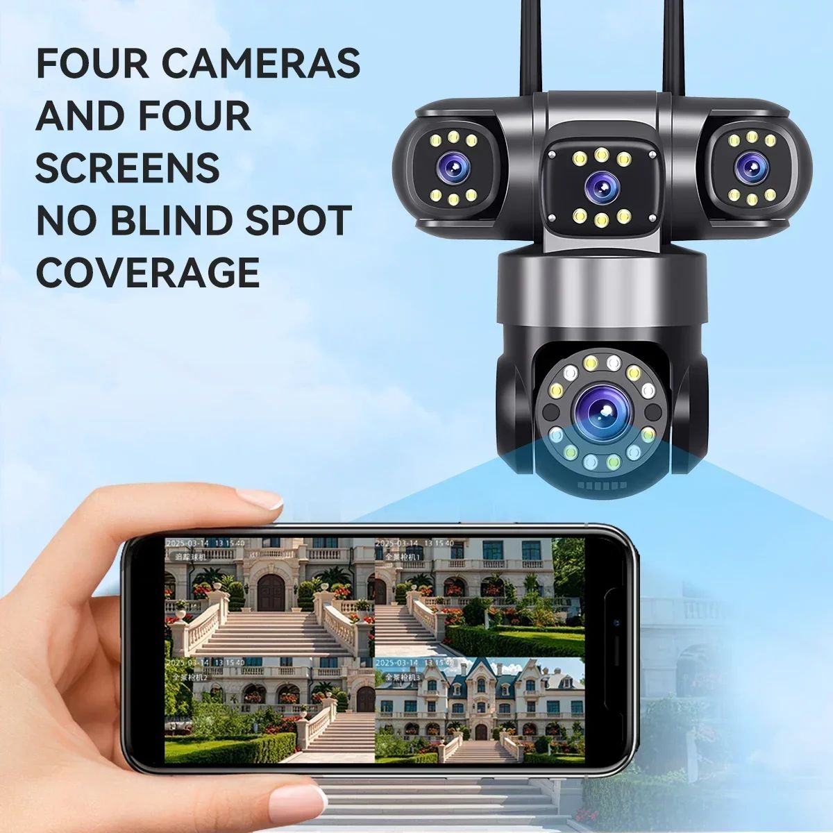 10K 20MP  WIFI IP Camera Outdoor 4 Lens 4 Screens 16X Zoom CCTV Wireless Video Surveillance Cameras 6K 12MP Security Protection