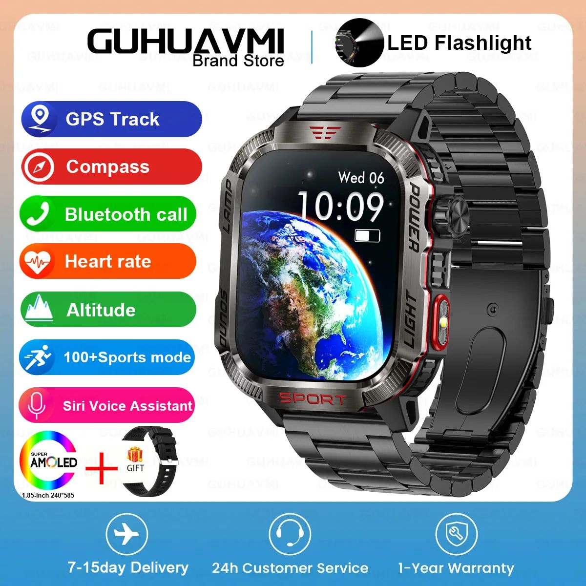Novo relógio inteligente masculino para ambientes externos de 2,01 polegadas, à prova d'água 3ATM, bateria de 600mAh, bússola, lanterna LED, chamada Bluetooth, Smartwatch para Xiaomi