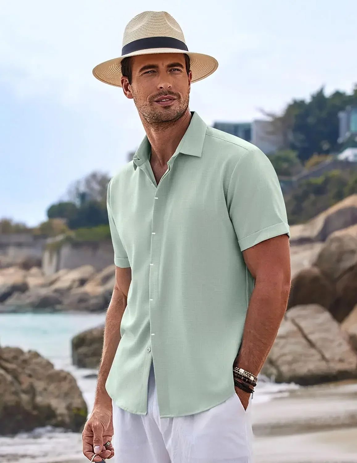 Men's Fashion Casual Solid Color Shirt Pullover Button Linen Cotton Comfortable Daily Top Short Sleeve Shirt Beach Summer Shirt