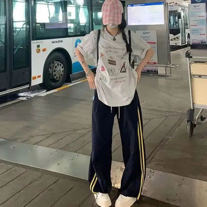 American Sporty Casual Pants Women's Hip Hop Elastic Waist Loose Wide Leg Trendy Cool Girl Quick Dry Pants