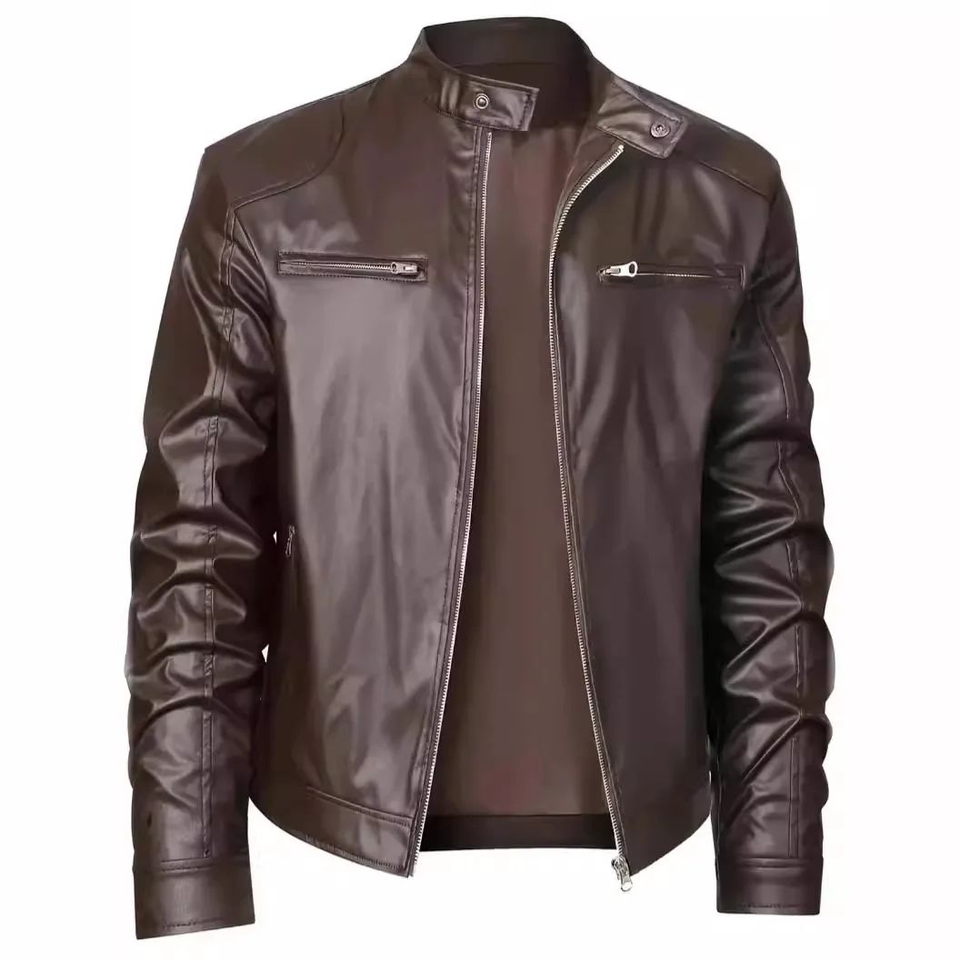 Casual Men's Biker Jacket Stand Collar Slim Fit Zipper Pocket Leather Coat Motorcycle Clothing Outerwear Fashionable Men's Wear