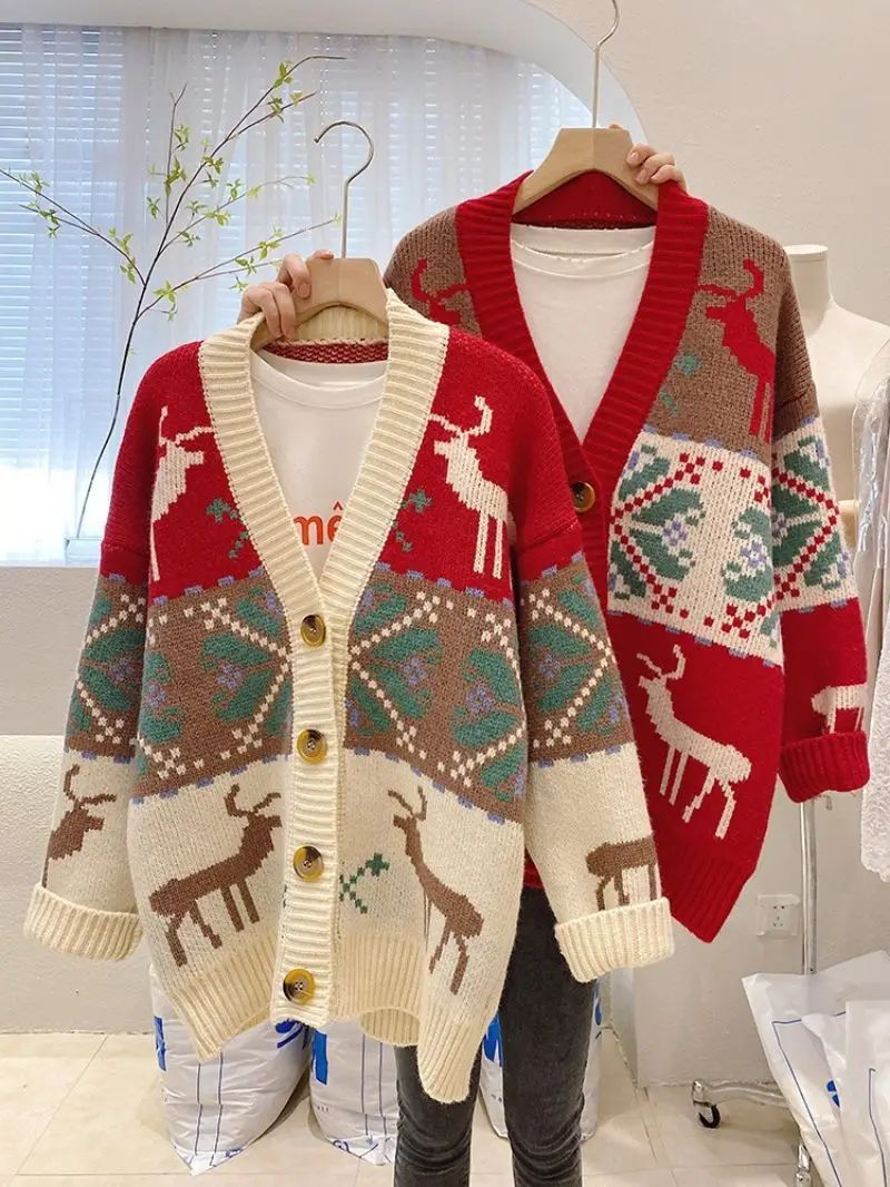 Knitted  Christmas Sweater Knit Sweaters For Men Cardigan Couple Vintage Sweater Cardigans Coat Y2K Jacket Men's Clothing