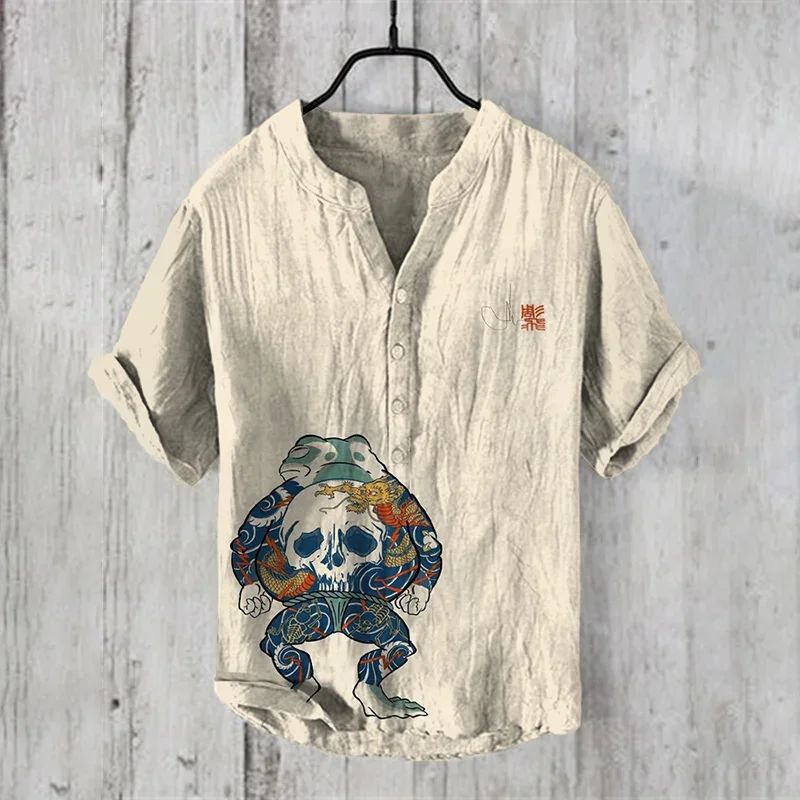 Fashion men's V-neck shirt T-shirt Hawaiian men's printed linen short-sleeved button-down shirt seaside holiday casual shirt