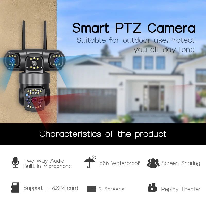 Câmera IP WiFi Externa 15MP 8K Lentes Triplas Telas Triplas Monitor de Vídeo de Segurança Visão Noturna Zoom 10X Câmeras CCTV à Prova d'Água