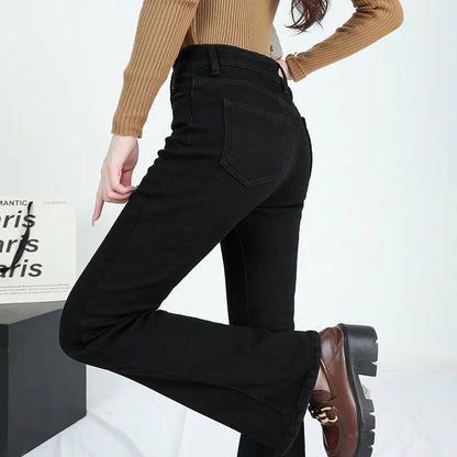 Winter Female Thin Snow Warm Plush Jeans Lady Chic Fleece Flared Pants Girls Korean High Waist Straight Leg Denim Trousers