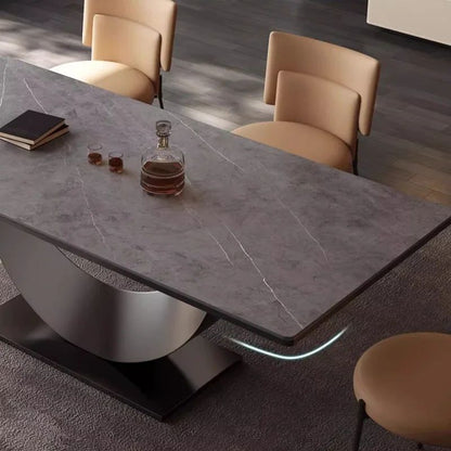 Modern Rectangle Minimalist Rock Slab Restaurant Dining Table And Chairs Stainless Steel Frame Leather Dining Chair Italian