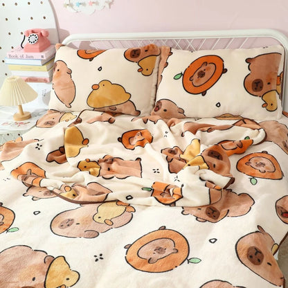 Cartoon Capybara Blanket Warm Flannel Nap Blanket Soft Comfortable Pillowcase Sofa Bed Sleeping Blanket Bedspread Girl Soft