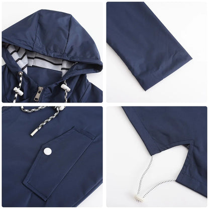 Blue Waterproof Hooded Jacket Women Fashion Casual Coat Waist Drawstring Tie Zipper Switch Red Green Yellow Black Windbreaker