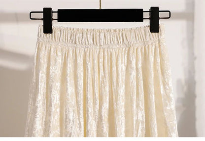 Autumn Winter Girls New A-line Velvet Skirt 2025 Plus Size Gold Velvet Half Pleated Skirt Solid Versatile High Waist Mid Skirt