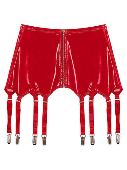 Womens Garters Latex Skirts Ladies Suspender Belt Wet Look Patent Leather Mini Skirts Garters with Metal Clips Clubwear Costume