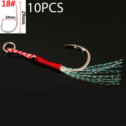 10 pçs/Lote Anzol Auxiliar Cast Jig Aço Carbono Ângulo Farpa Rosca Pena Isca Pesca Lento Jigging Mar Pesca Anzol
