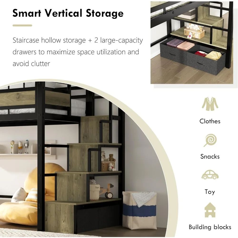 Twin Size Metal Loft Bed with Storage Stairs & Drawers Heavy-Duty Space-Saving Bed Frame for Teens And Juniors No Box Spring Nee