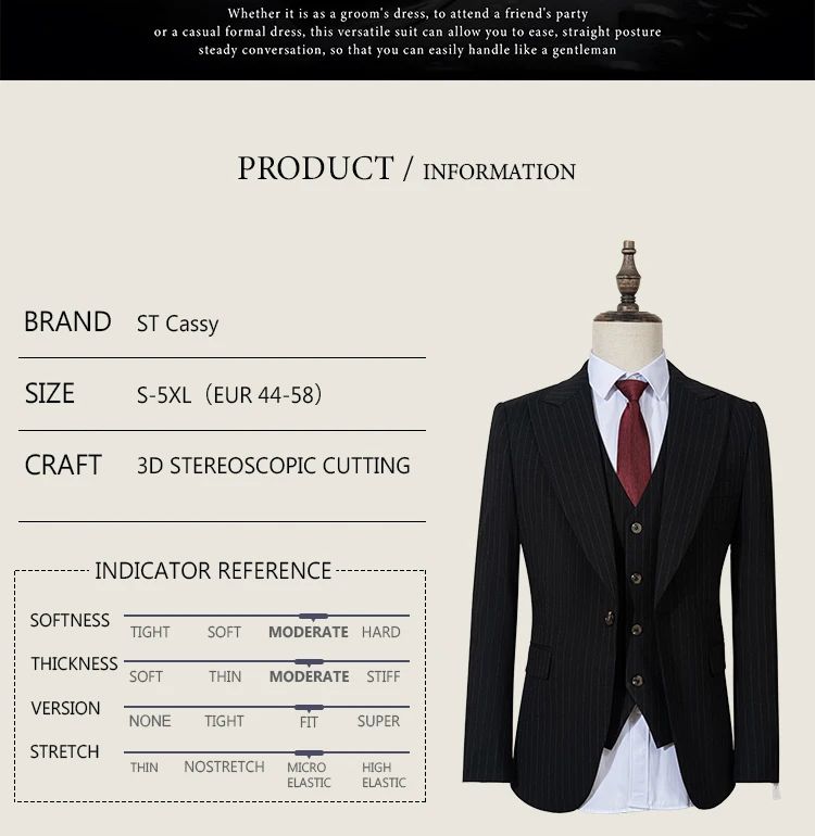 ST Cassy high-quality blue striped suits for men slim fit luxurious and elegant men's business suit 3-piece set full men's suit