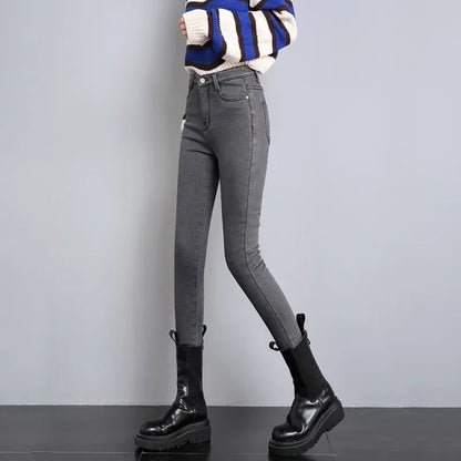 Winter Women Chic Fleece Thermal High Waist Jeans Lady Snow Warm Plush Denim Pants Girls Classic Fashion Straight Leg Trousers