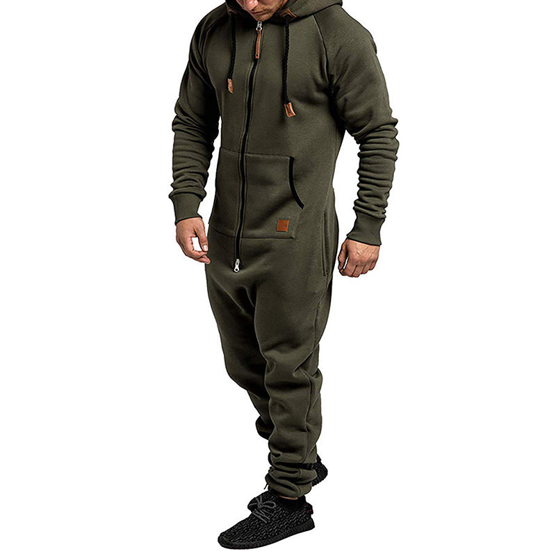 Men's Hooded Fleece Lining Jumpsuit Autumn Winter Warm Long Sleeve Full Zipper Overalls with Kangaroo Pockets Night Clothes
