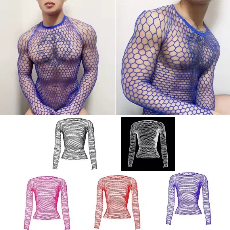 Fashion Hollow Out Basic T Shirts Mens Women Sexy Hollow Out See Through Mesh T-shirt Party Spring Vintage Slim Fit Elastic Tees