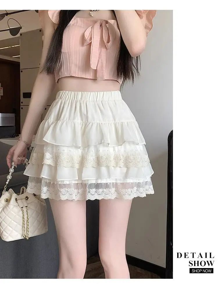 JOEVILU White Tutu Skirt A-line Elastic High Waist Mini Skirts Short Lace Cake Skirt Thin Summer Korean Fashion Goth Y2k Clothes