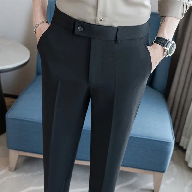 2025 Summer Thin White Elastic Nine Cent Suit Pants for Men,gray Blue Four-side Elastic Comfortable Drape Men's Casual Trousers
