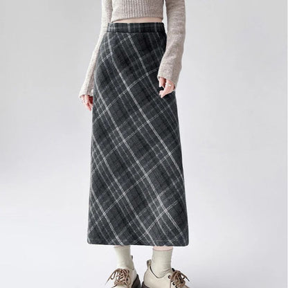 2025 Autumn Vintage Woolen Plaid Skirts Lady Elegant High Waist Slimming A-Line Skirt Women Korean Streetwear Slit Long Skirt
