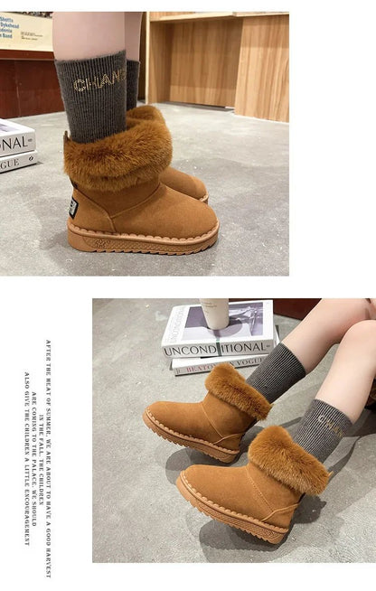 Kids Genuine Cowhide Snow Boots Winter Baby Soft Warm Cotton Shoes with Plush Boys Girls One Fur Suede Boots Princess Retro Boot