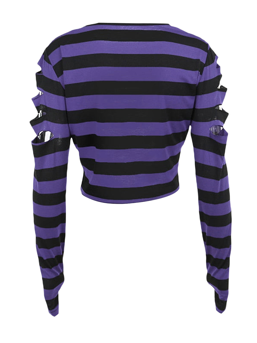 Women's Distressed Crop Tops Gothic Long Sleeve Round Neck Striped Print Loose T-Shirts Halloween Costume