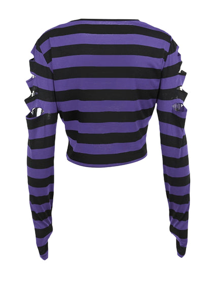 Women's Distressed Crop Tops Gothic Long Sleeve Round Neck Striped Print Loose T-Shirts Halloween Costume