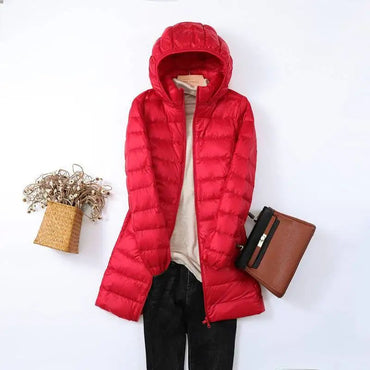 Hoody Long White Duck Down Coat Autumn Winter Portable Hooded Puffer Down Jacket Women Casual Double Zipper Windproof Thin Light