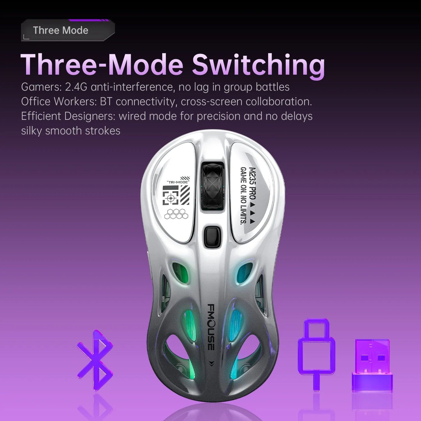 M235 Pro Lightweight Wireless Laptop Mouse BT/2.4G/Wired RGB 1000Hz Polling Rate Programmable Designed for Comfortable Office