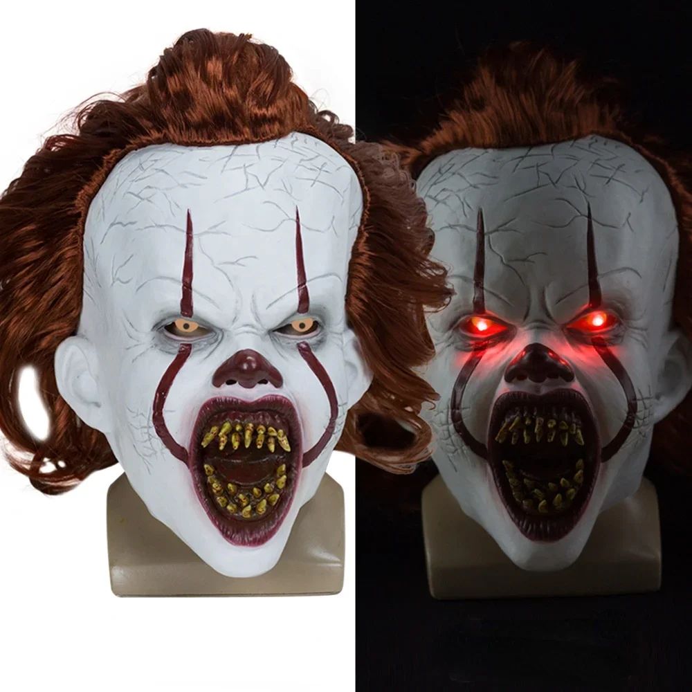 Horror Glowing Clown Mask Halloween Masque Pennywise Cosplay Latex Glow Joker Mask with Multicolor Hair Wig Joker Mask for Adult