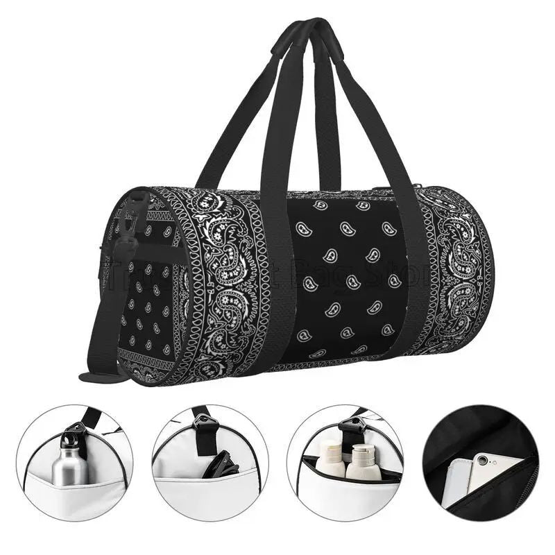 Colorful Paisley Black Bandanna Border Scarf White Sports Gym Bag Couple Large Capacity Fitness Bag Portable Luggage Handbag