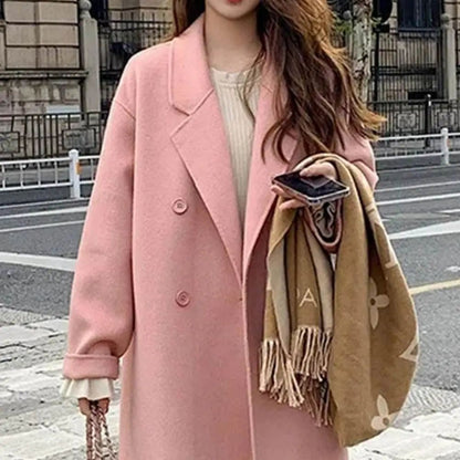Women Coat Double-Breasted Mid-length Outerwear Lapel Stylish Warm Mid-Length Double Pockets Winter Coat Lady Accessories
